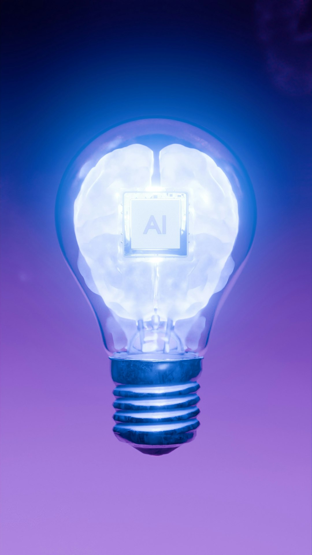 Mastering the First Impression: Your intriguing post title goes here Conceptual render of artificial intelligence processor chip embedded in a white human brain inside a transparent light bulb, floating against blue purple gradient background with copy space